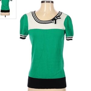 Elle Short Sleeve Sweater Top Green Black White Bow Collar Women's XS Preppy EUC